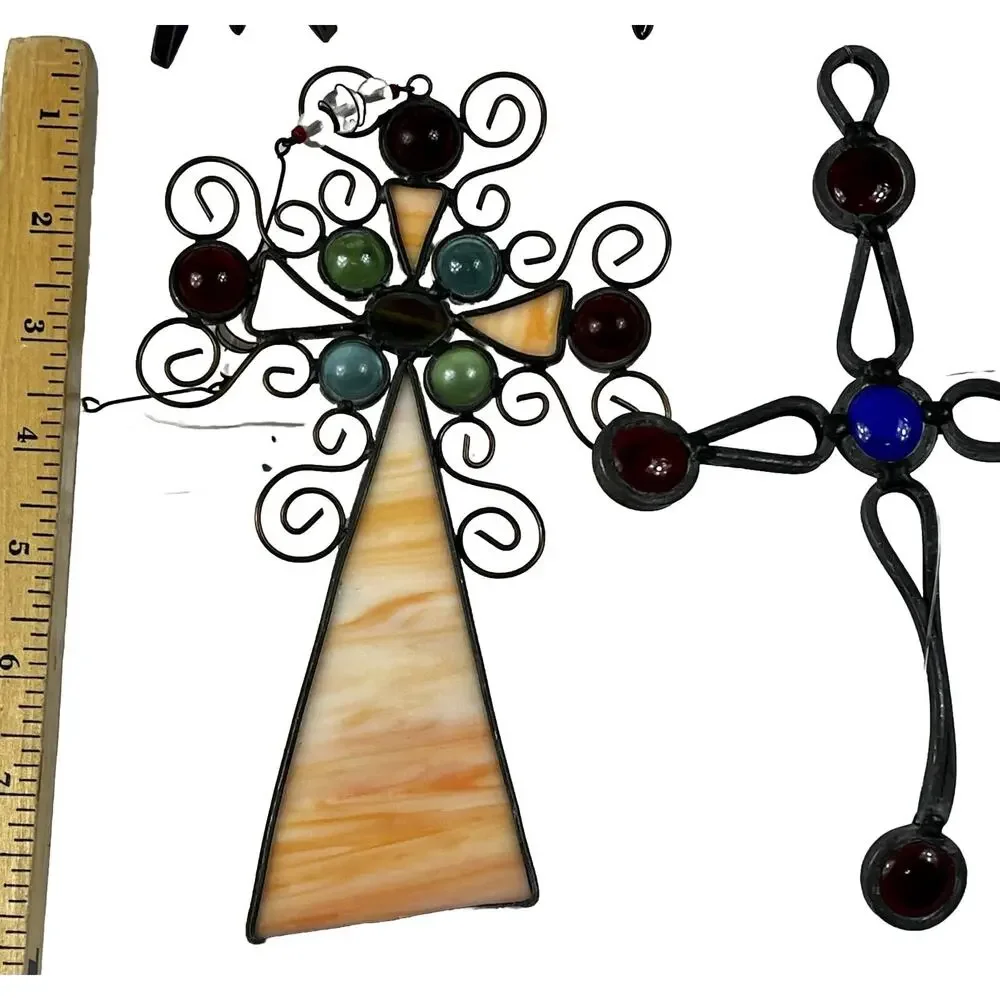 Set of 7 Stained Glass Cobalt Blue Snowflake Ornaments 4 Handmade Angel &Crosses